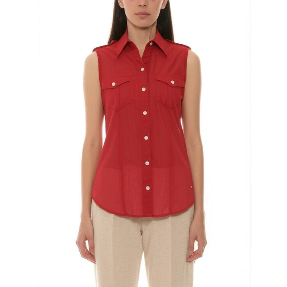 TOMMY HILFIGER Womens Sleeveless Top Size 8 Red Collared Button-Down Pockets